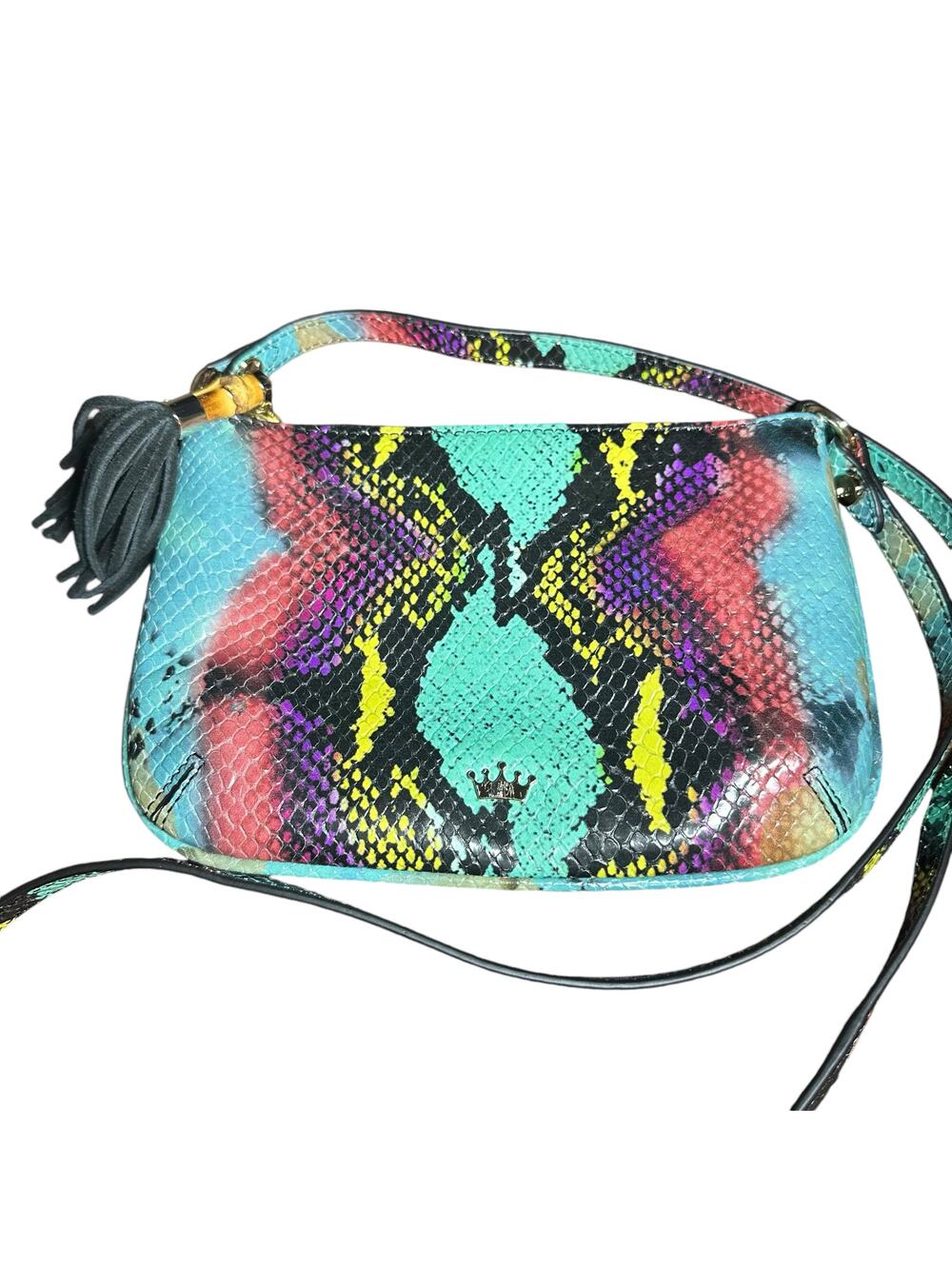 Elaine turner Leather crossbody bag turquoise python pink purple yellow
